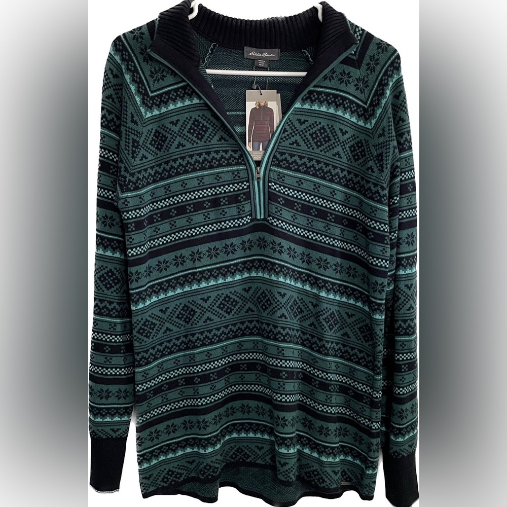 Eddie Bauer Teal Fair Isle Quarter Zip Sweater